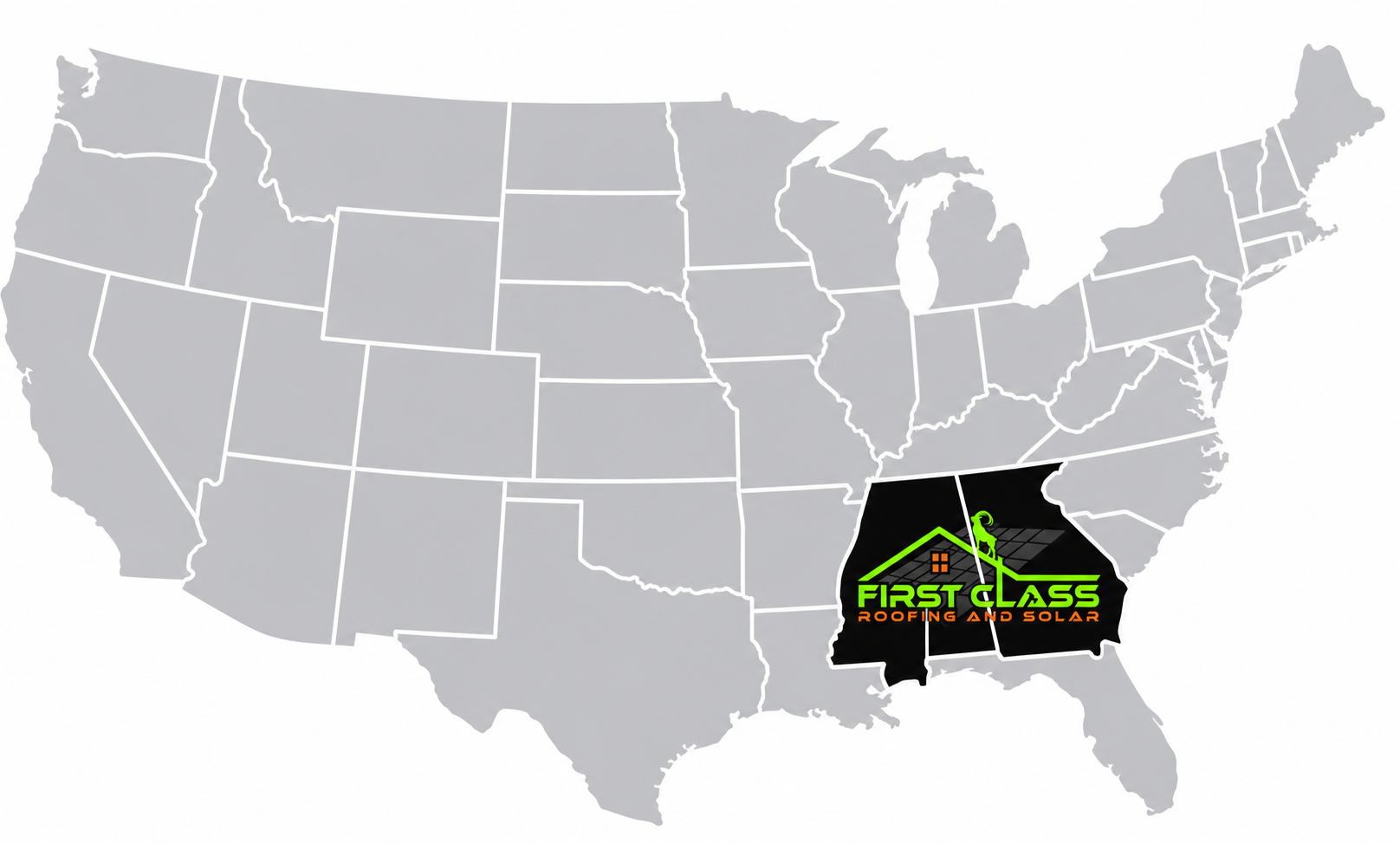 US map highlighting Alabama and Georgia, the two states served by First Class Roofing and Solar