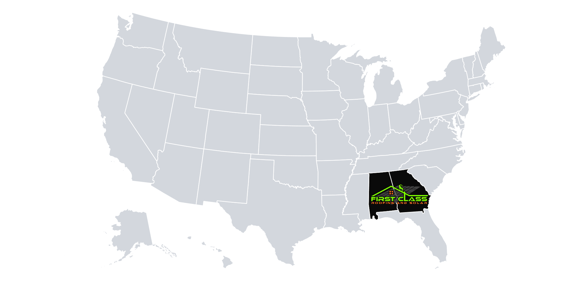 US map highlighting Alabama and Georgia, the two states served by First Class Roofing and Solar